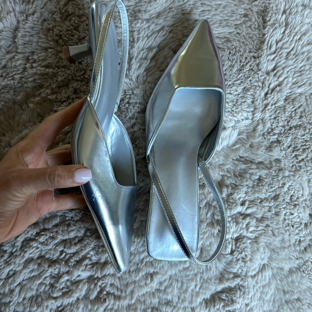 Sliver Metallic Slingback Heels